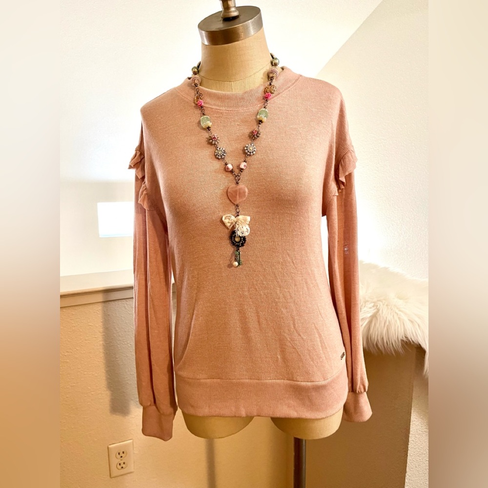 NWT S Pink Ruffle Cottage Core Tahari Sweater